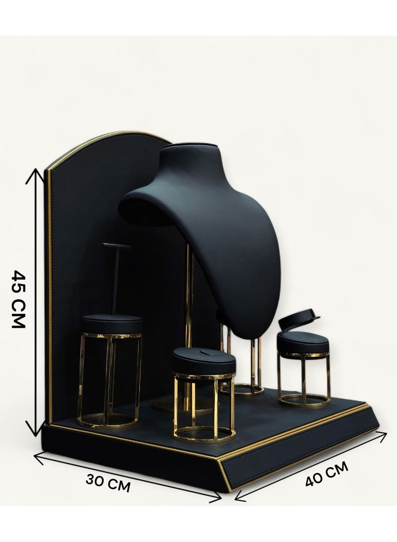 Al Seraj Luxury Jewelry Set Display Stand – Made in Dubai UAE | Gold Plated Metallic Base | Premium Black Rexine Leather Ring, Earring, Bangle, Bracelet & Necklace Display with Background & Main Base for Showroom - Image 2